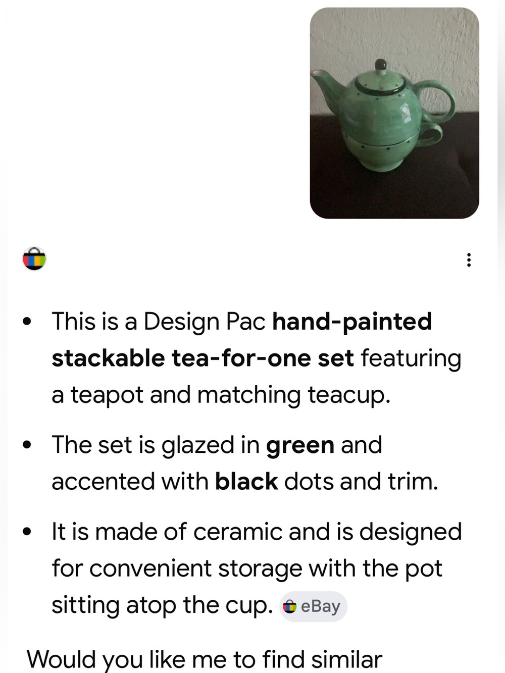 #2508**Vintage Green Ceramic Teapot and Cup Set - Picture 7 of 15